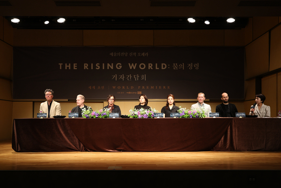 Producers and cast of ″The Rising World: Spirit of Water″ speak during a press rehearsal preview of ″The Rising World: Spirit of Water″ at Seoul Arts Center on May 13. [SEOUL ARTS CENTER]