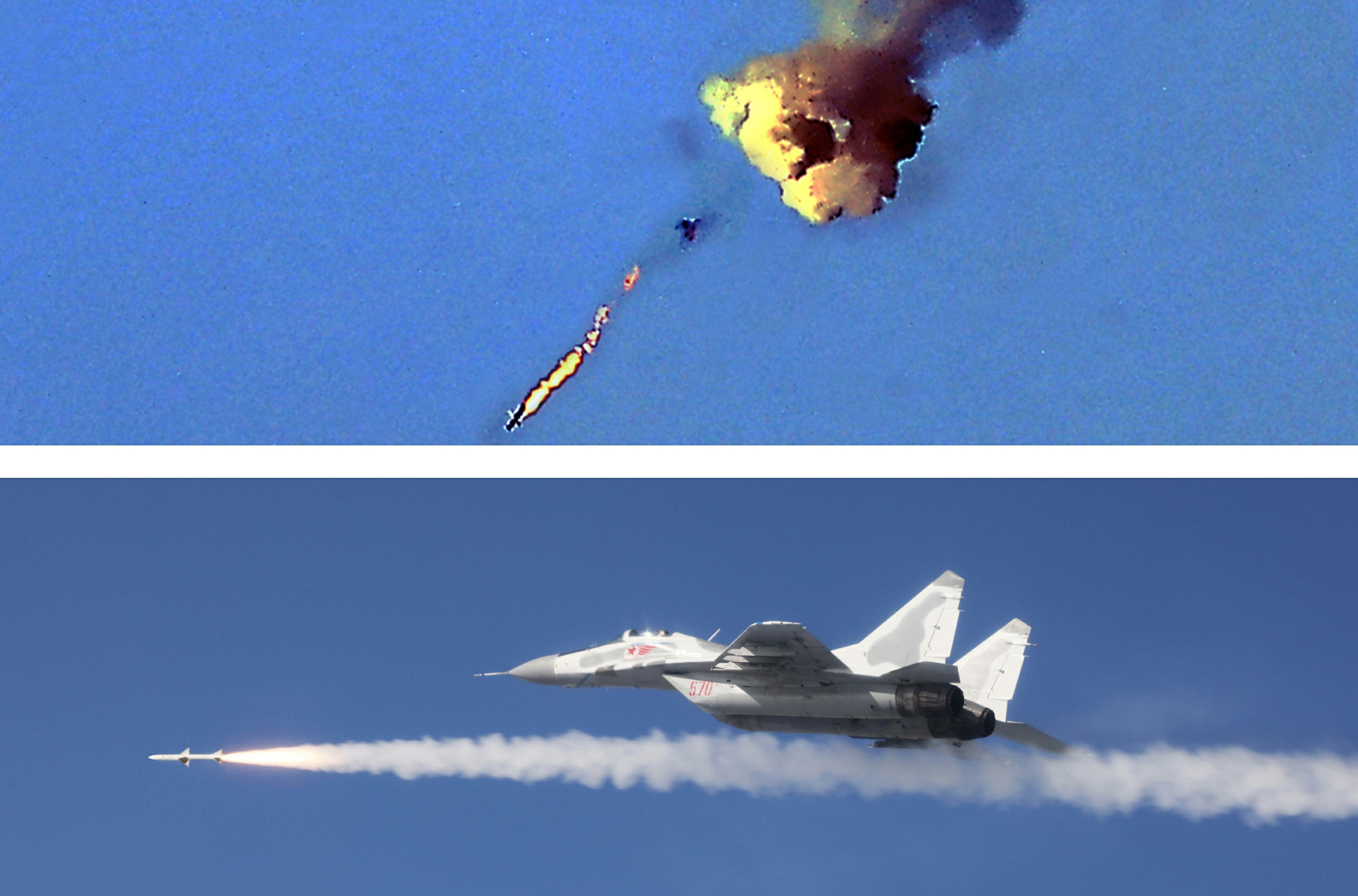 North Korea's MiG-29 fighter jet fires a medium-range air-to-air missile on May 15. The air-to-air missile is a weapons system that South Korea has yet to domestically produce. [KCNA]