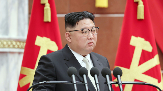North Korean leader Kim Jong-un speaks during the meeting of the 7th Plenary Session of the 8th Central Committee of the Workers’ Party on Feb. 26, 2023. [YONHAP] 