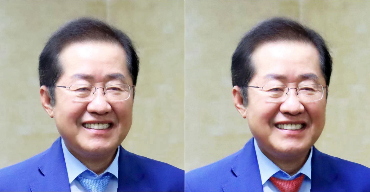 Former Daegu Mayor Hong Joon-pyo uploaded a photo of himself in a blue tie, left, as the cover photo of his Facebook account on May 19, only to switch it out with a near-identical image of himself in a red tie four hours later. [SCREEN CAPTURE]