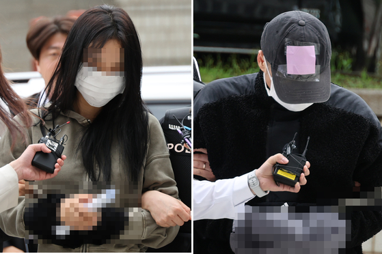 Two suspects accused of attempting to extort money from Tottenham Hotspur captain Son Heung-min appear in court on May 17 for a detention warrant hearing. [YONHAP] 