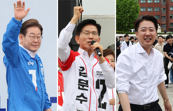 From left: Presidential candidates Lee Jae-myung of the Democratic Party, Kim Moon-soo of the People Power Party and Lee Jun-seok of the Reform Party. [YONHAP] 
