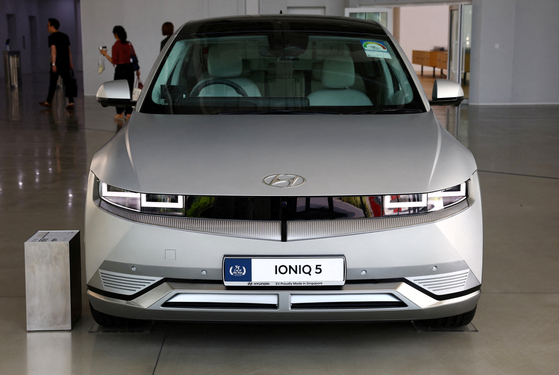 A Hyundai Ioniq 5 EV is displayed at Hyundai Motor Group Innovation Center Singapore in Singapore on June 14, 2024. [REUTERS/YONHAP]