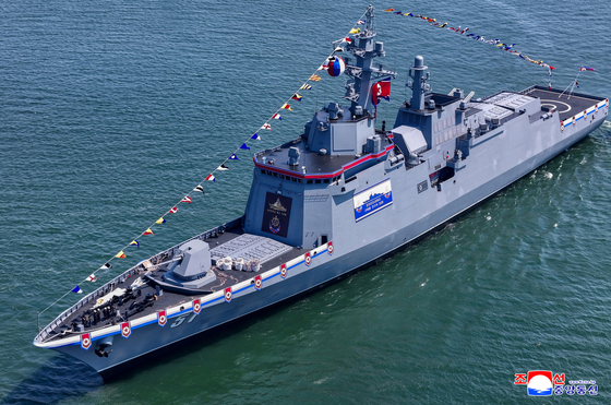 The Choe Hyon, a new 5,000-ton destroyer, is seen during its launching ceremony at the Nampho Shipyard on the west coast, on April 25. [YONHAP]