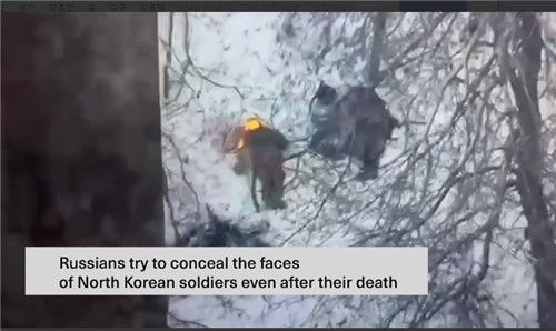 A video released by Ukrainian President Volodymyr Zelensky, said to show North Korean soldiers deployed to Russia. Zelensky claimed that Russia burns the faces of fallen North Korean troops. [SCREEN CAPTURE]