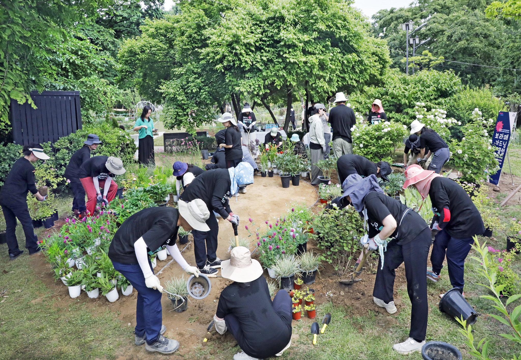 Gardening club members shovel and plant flowers while creating a garden at Boramae Park in Dongjak District, southern Seoul, as part of a city-run gardening club activity on May 21. [PARK SANG-MOON]