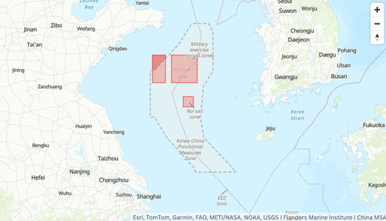 The three no-sail zones designated by China, as reported by Newsweek on April 21 [SCREEN CAPTURE]
