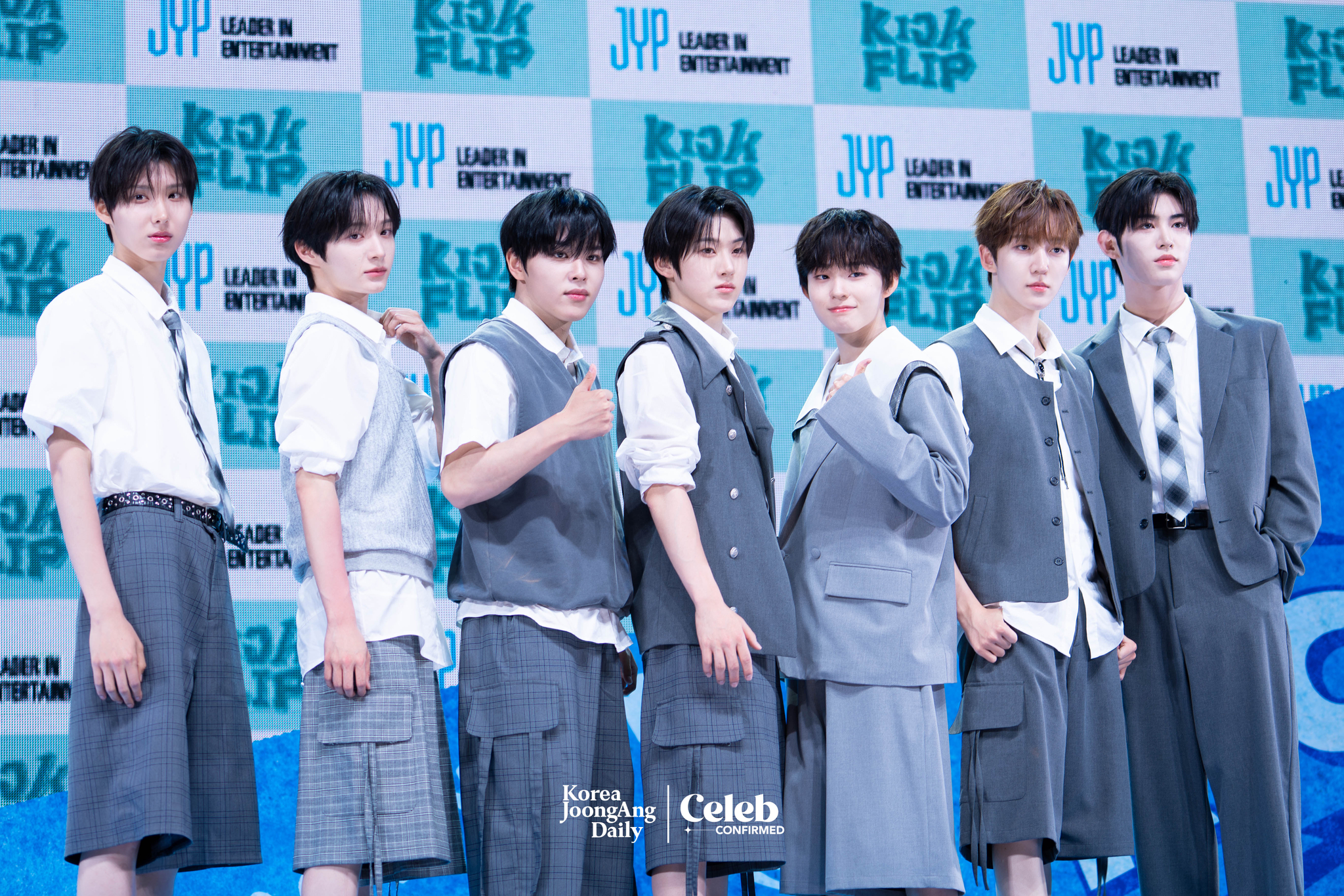 Boy band KickFlip poses for photos during a showcase for the release of its second EP, “Kick Out, Flip Now!” at Yes24 Live Hall in eastern Seoul on May 26. [DANIELA GONZALEZ PEREZ]