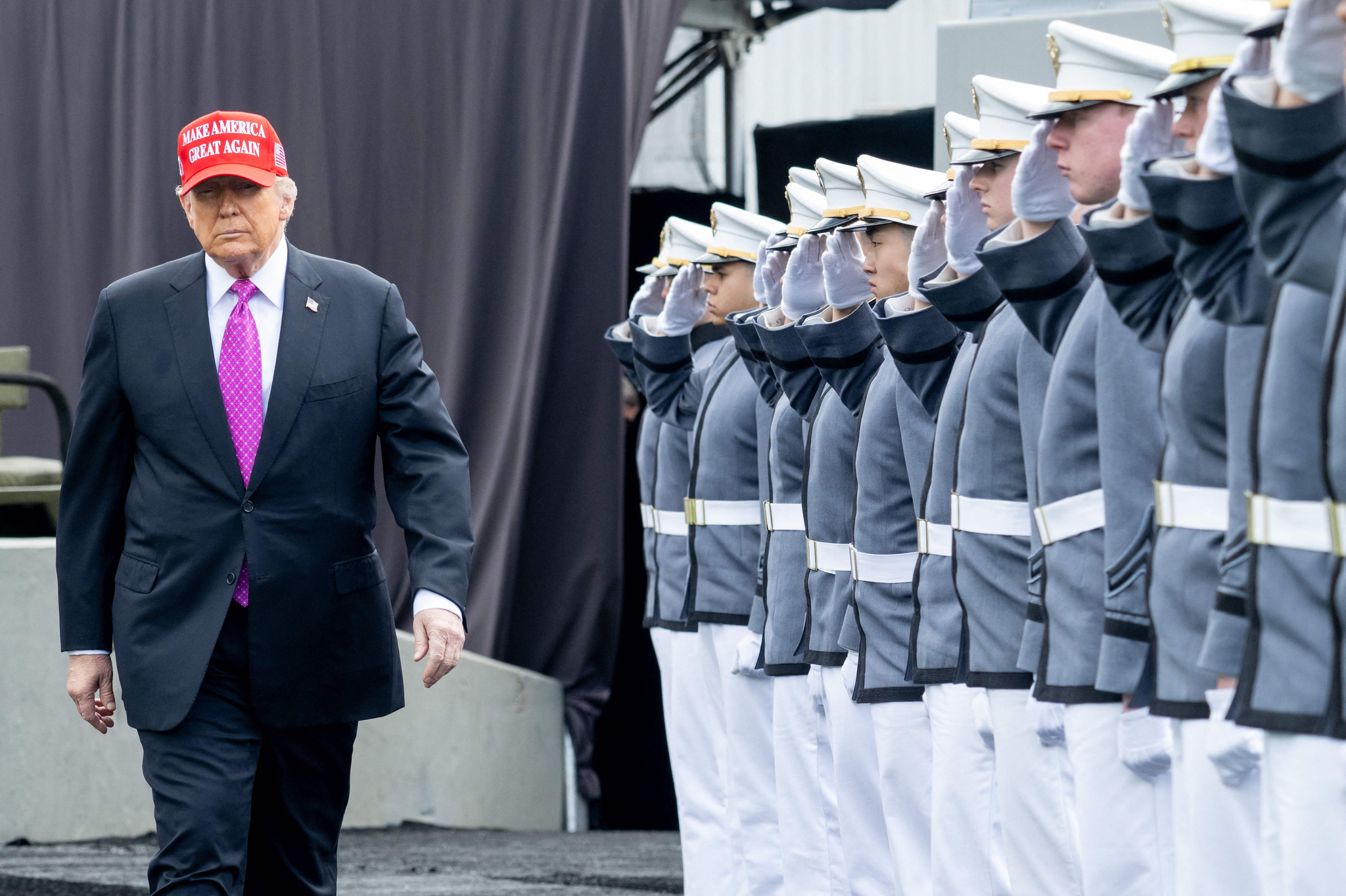 U.S. President Donald Trump arrives to deliver the commencement address at the 2025 graduation ceremony at the US Military Academy in West Point, New York, on May 24. [AFP/YONHAP]