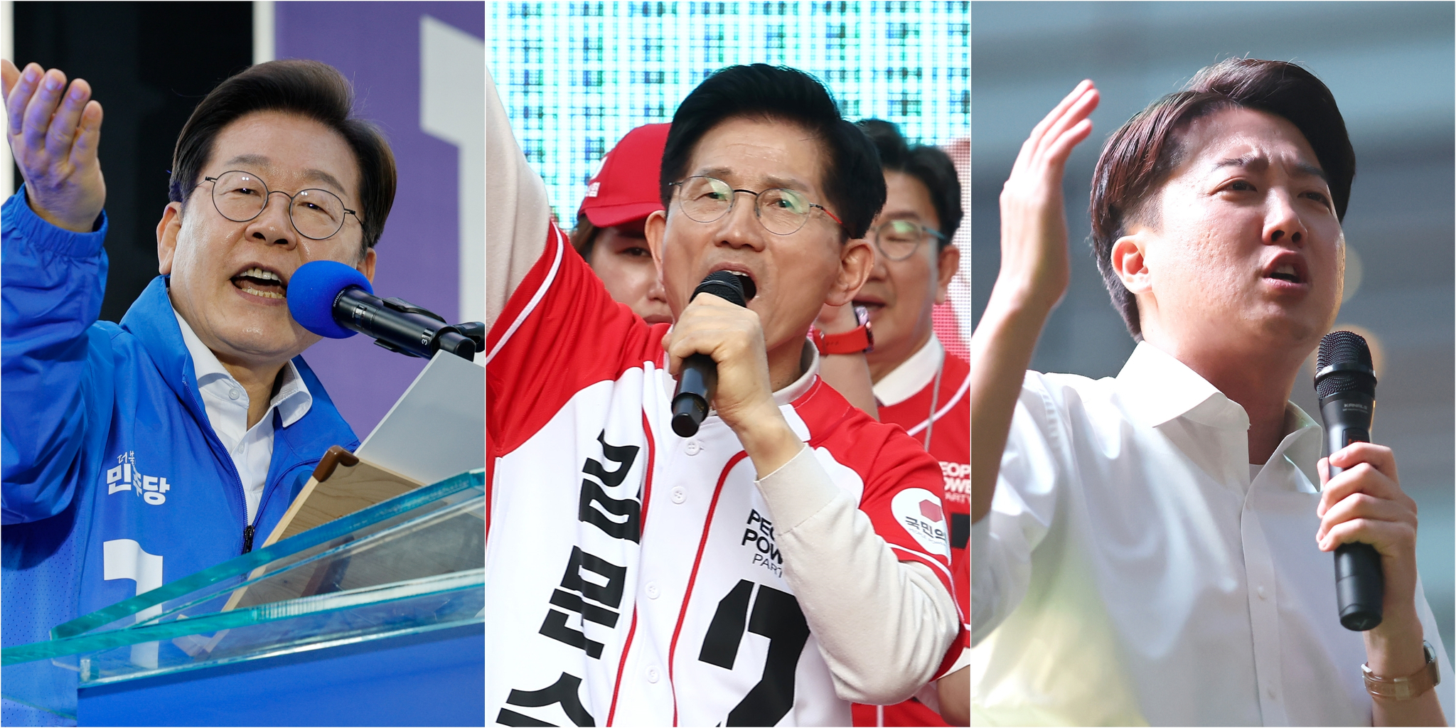 From left: Democratic Party candidate Lee Jae-myung delivers a speech at Sky Road in Daejeon, People Power Party candidate Kim Moon-soo campaigns at Seomun Market in Daegu and Reform Party candidate Lee Jun-seok appeals to voters at Cheonggye Plaza in central Seoul on May 12. [YONHAP]