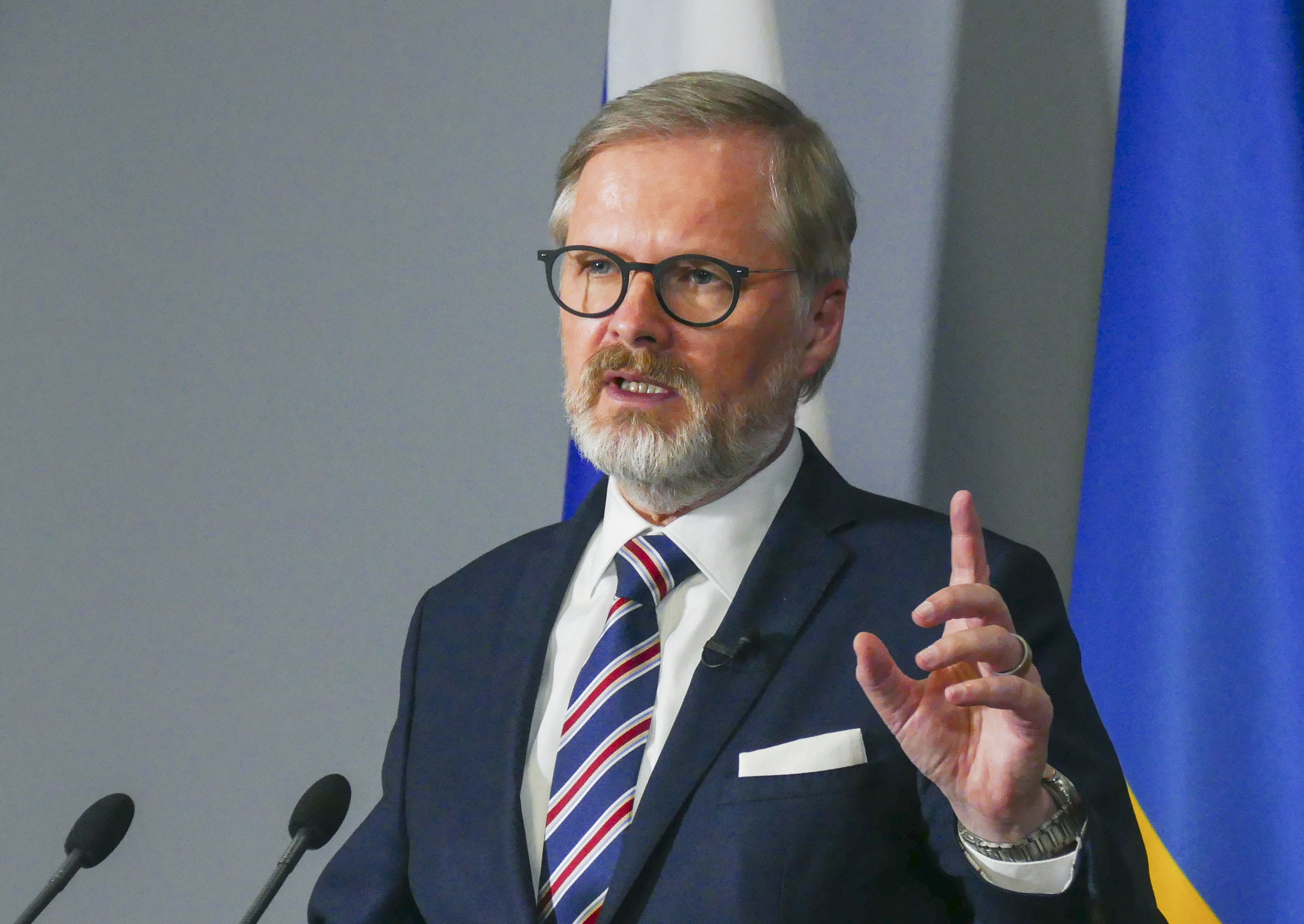 Czech Prime Minister Petr Fiala addresses a joint press conference with Ukrainian Prime Minister Denys Shmyhal, not pictured, in Uzhhorod, Ukraine, on May 20. [EPA/YONHAP] 
