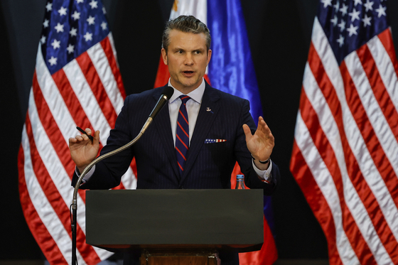 U.S. Defense Secretary Pete Hegseth holds a joint press conference with and Philippine Secretary of Defense Gilberto Teodoro, not pictured, at the Armed Forces of the Philippines Headquarters in Camp Aguinaldo in Quezon City, Philippines, on May 28. [AP/YONHAP]