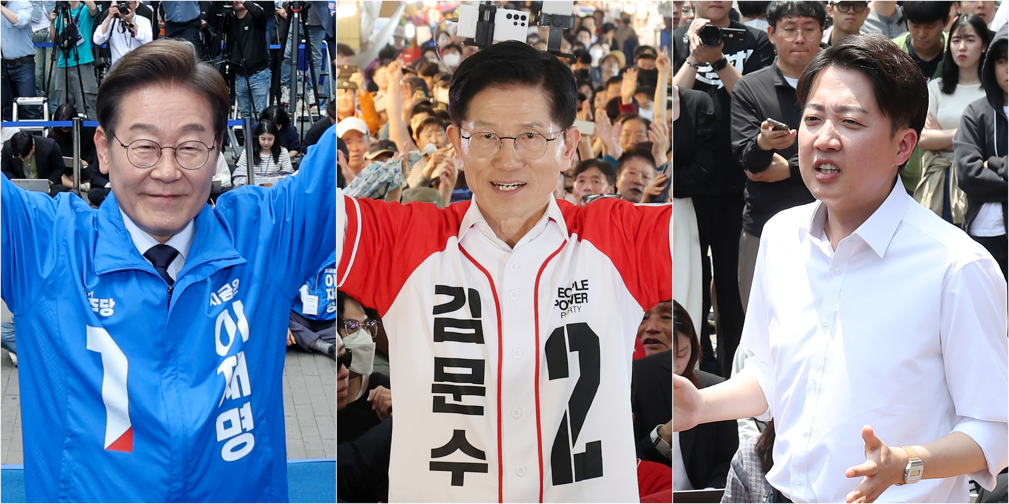From left, Democratic Party candidate Lee Jae-myung campaigns on a street in Daegu, People Power Party candidate Kim Moon-soo at a traditional market in Ulsan and Reform Party candidate Lee Jun-seok at Kyungpook National University in Daegu on May 13. [YONHAP]