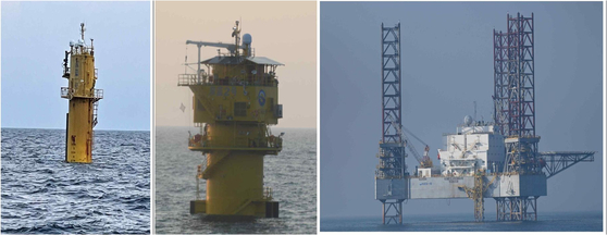 This composite photo, provided by Rep. Eom Tae-young of the People Power Party on April 24, 2025, shows structures installed by China in the provisional maritime zone in the Yellow Sea. [YONHAP]