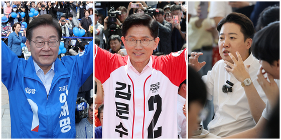 Presidential candidates on May 20, from left: Lee Jae-myung of the Democratic Party, Kim Moon-soo of the People Power Party and Lee Jun-seok of the Reform Party [YONHAP]