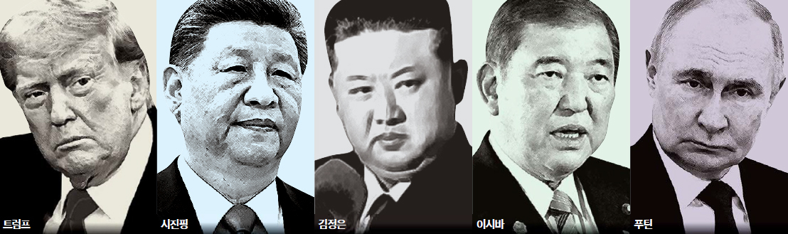From left: U.S. President Donald Trump, Chinese President Xi Jinping, North Korean leader Kim Jong-un, Japanese politician Shigeru Ishiba and Russian President Vladimir Putin [JOONGANG ILBO]