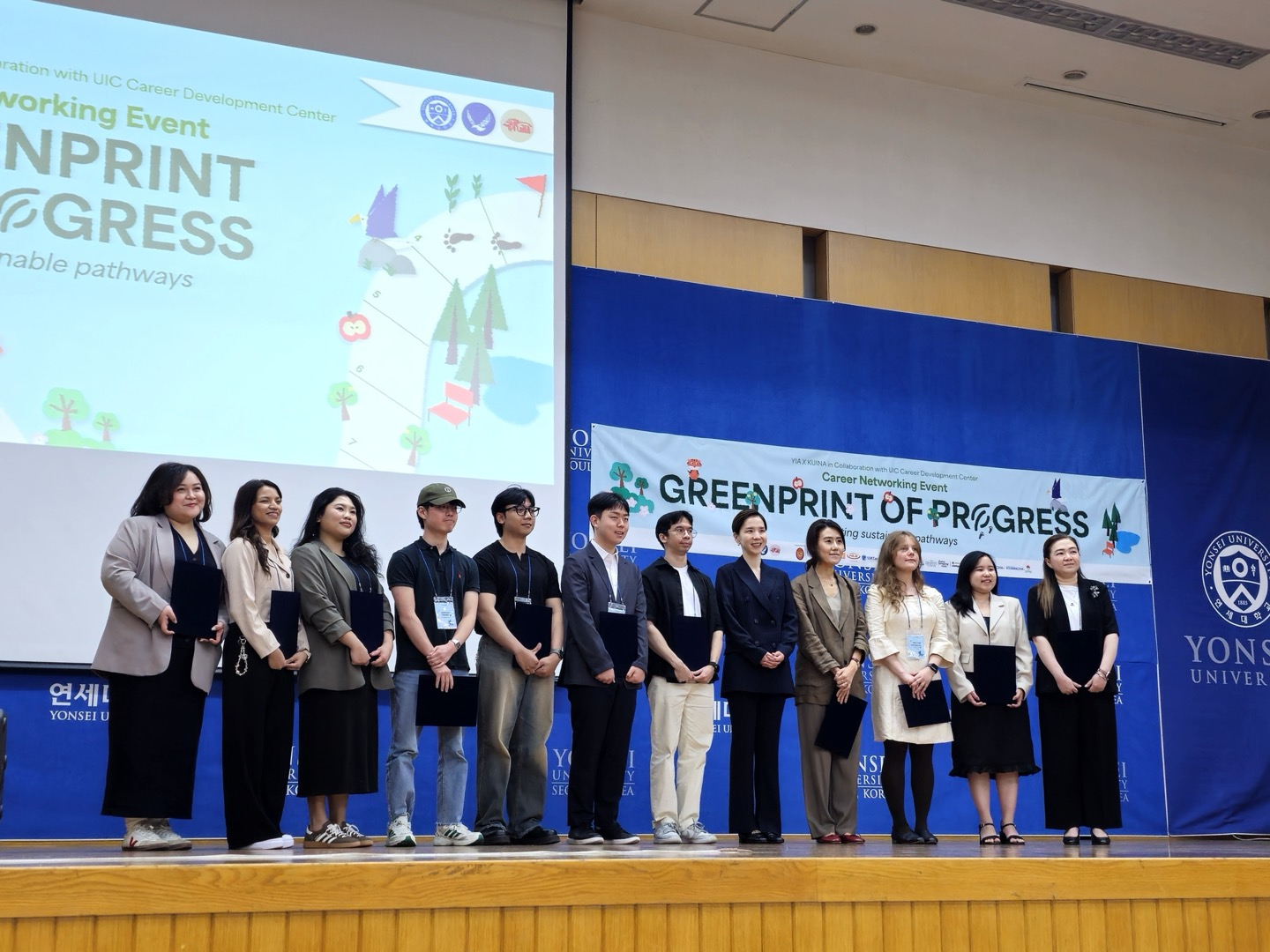 Speakers attending the career networking event organized by the Yonsei Indonesia Association and Korea University Indonesia Students Association, titled "Greenprint of Progress: Charting Sustainable Pathways," pose for a photo at Yonsei University's campus in Sinchon, western Seoul, on May 31. [LEE TAE-HEE]