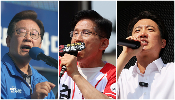 Presidential candidates on June 1, from left: Lee Jae-myung of the Democratic Party, Kim Moon-soo of the People Power Party and Lee Jun-seok of the Reform Party [YONHAP]