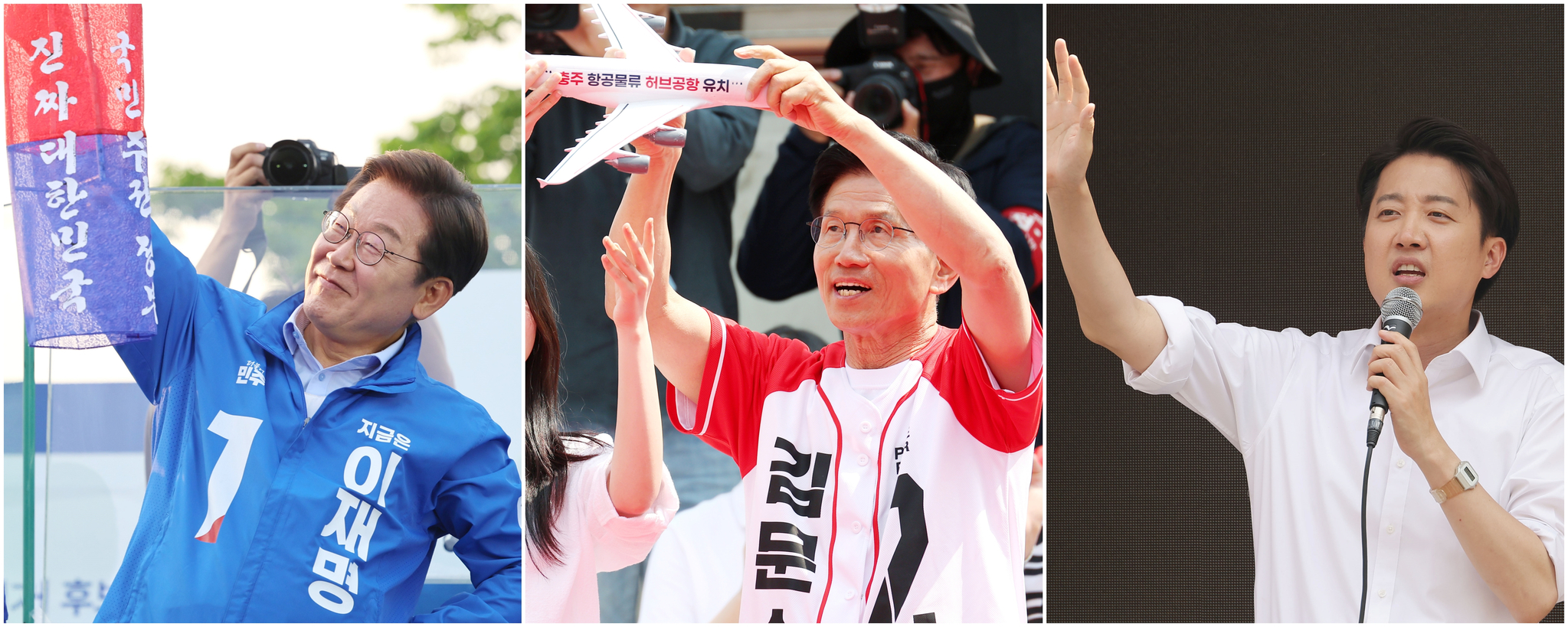 From left: Democratic Party candidate Lee Jae-myung campaigns at the Clock Tower Plaza near Chungju Gymnasium in Chungju, North Chungcheong; People Power Party candidate Kim Moon-soo appeals for support at Youth Street in Chungju; and Reform Party candidate Lee Jun-seok campaigns near Chung-Ang University in Dongjak District, southern Seoul, on May 30. [YONHAP]