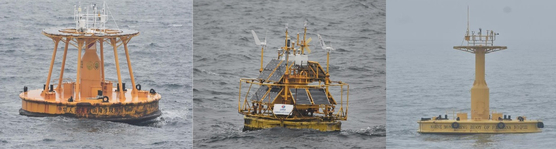 Chinese marine buoys discovered by the South Korean Navy on May 20, 2023, in the Yellow Sea. The three most recently installed buoys were found along the 123rd meridian east. [REPUBLIC OF KOREA NAVY]