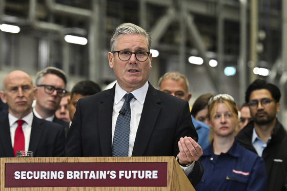 Britain's Prime Minister Keir Starmer delivers his speech during a visit to the BAE Systems' Govan facility, in Glasgow, Scotland, on June 2. [AP/YONHAP]