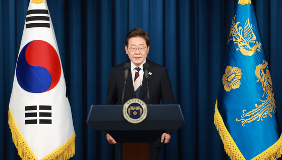 New President Lee Jae-myung holds his first press conference at the Yongsan presidential office in central Seoul on June 4. [JOINT PRESS CORPS]
