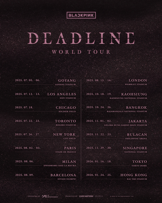 Tour dates for Blackpink's upcoming world tour, ″Deadline″ [YG ENTERTAINMENT]