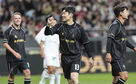 FC Spear's Park Ji-sung celebrates scoring during the Nexon Icons Match against Shield United at Seoul World Cup Stadium in western Seoul on Oct. 20, 2024. [NEWS1] 