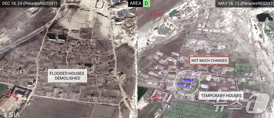Satellite photos of Sinuiju, North Pyongan Province, North Korea, taken in December of last year and May of this year, obtained by SIA (Satellite Intelligence Analytics), a domestic satellite analysis company, showing little difference in the state of flood recovery. [NEWS1]