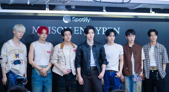 Boy band Enhypen poses for photos during a press event at Maison Enhypen, set inside the Seoul Museum of Art underground bunker in western Seoul on June 7. [DANIELA GONZALEZ PEREZ]