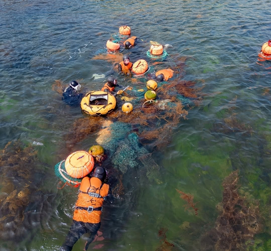 In May, members of Diphda Jeju and haenyeo work together to collect submerged marine waste in this photo uploaded to Diphda Jeju's Instagram. [SCREEN CAPTURE]