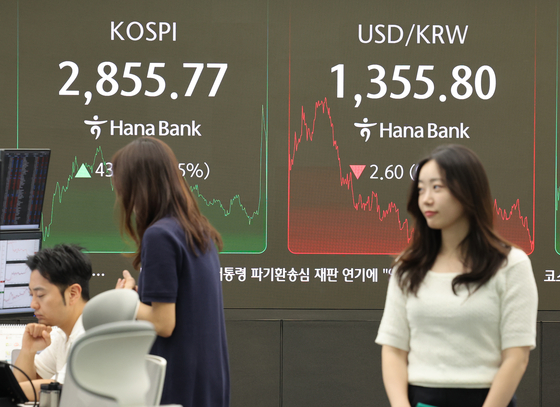 Korean bourse Kospi closes at 2,855.77, up 1.55 percent compared to the previous day, on June 9, continuing a rising streak since June 2. [YONHAP]