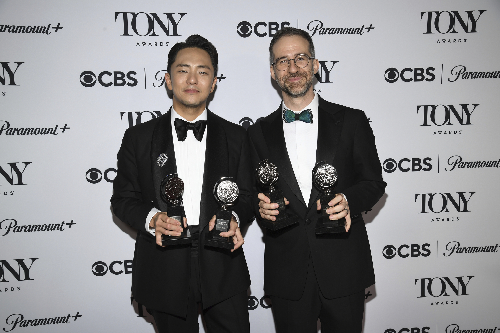 Hue Park, left, and Will Aronson pose with the Best Score award and Best Book of a Musical award for "Maybe Happy Ending" backstage at the 78th Annual Tony Awards at Radio City Music Hall on June 8, 2025, in New York City. [AP/YONHAP]