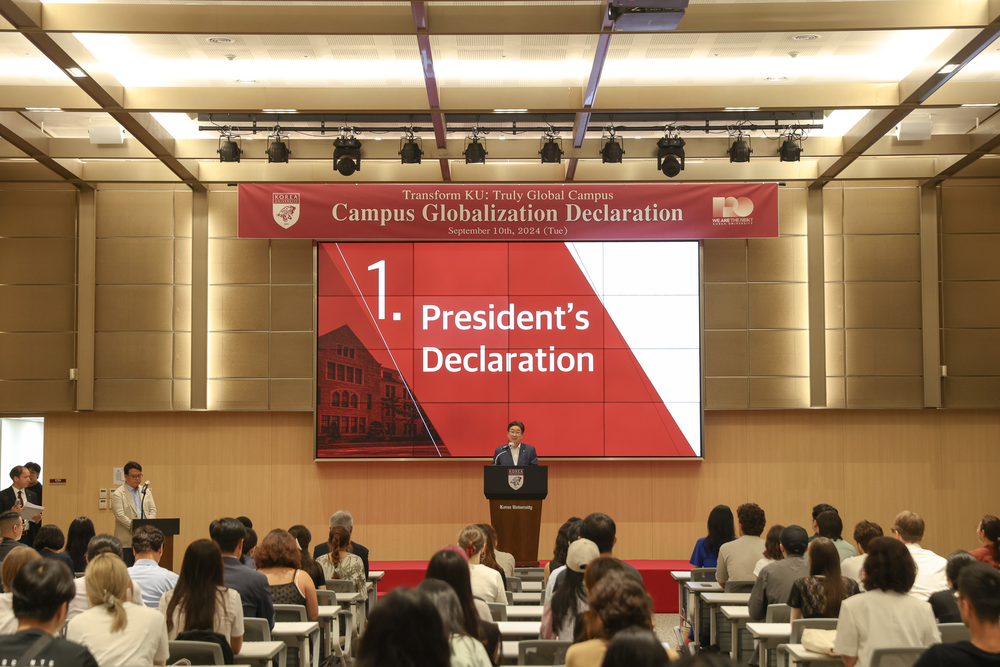 Korea University President Kim Dong-one announces plans to make the campus more global on Sept. 10, 2024. [KOREA UNIVERSITY]