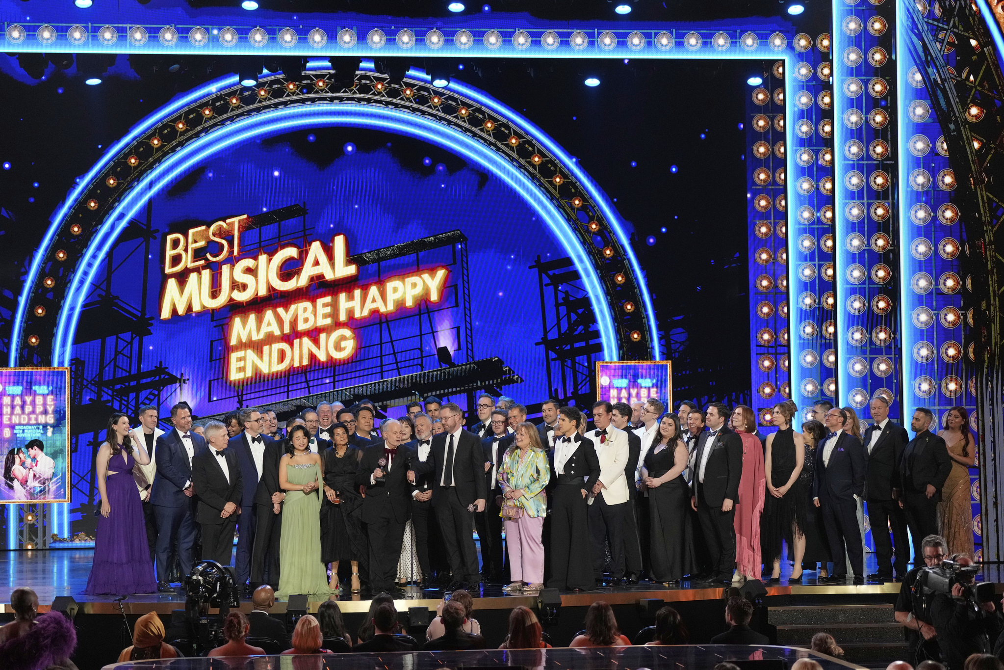 The cast and crew of ″Maybe Happy Ending″ accept the award for Best Musical for during the 78th Tony Awards on June 8, 2025, at Radio City Music Hall in New York. (Photo by Charles Sykes/Invision/AP)