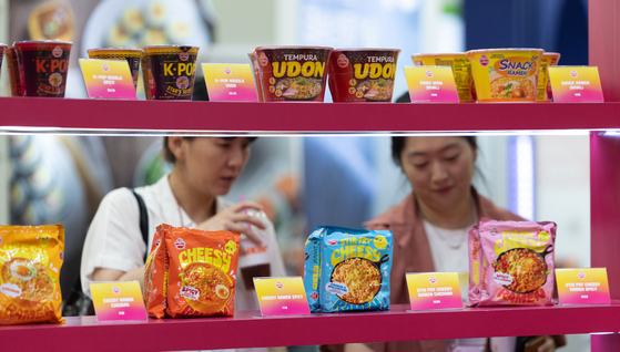 A variety of Korean food products, including instant noodles, are displayed at Seoul Food 2025, held at KINTEX in Goyang, Gyeonggi, on June 10.