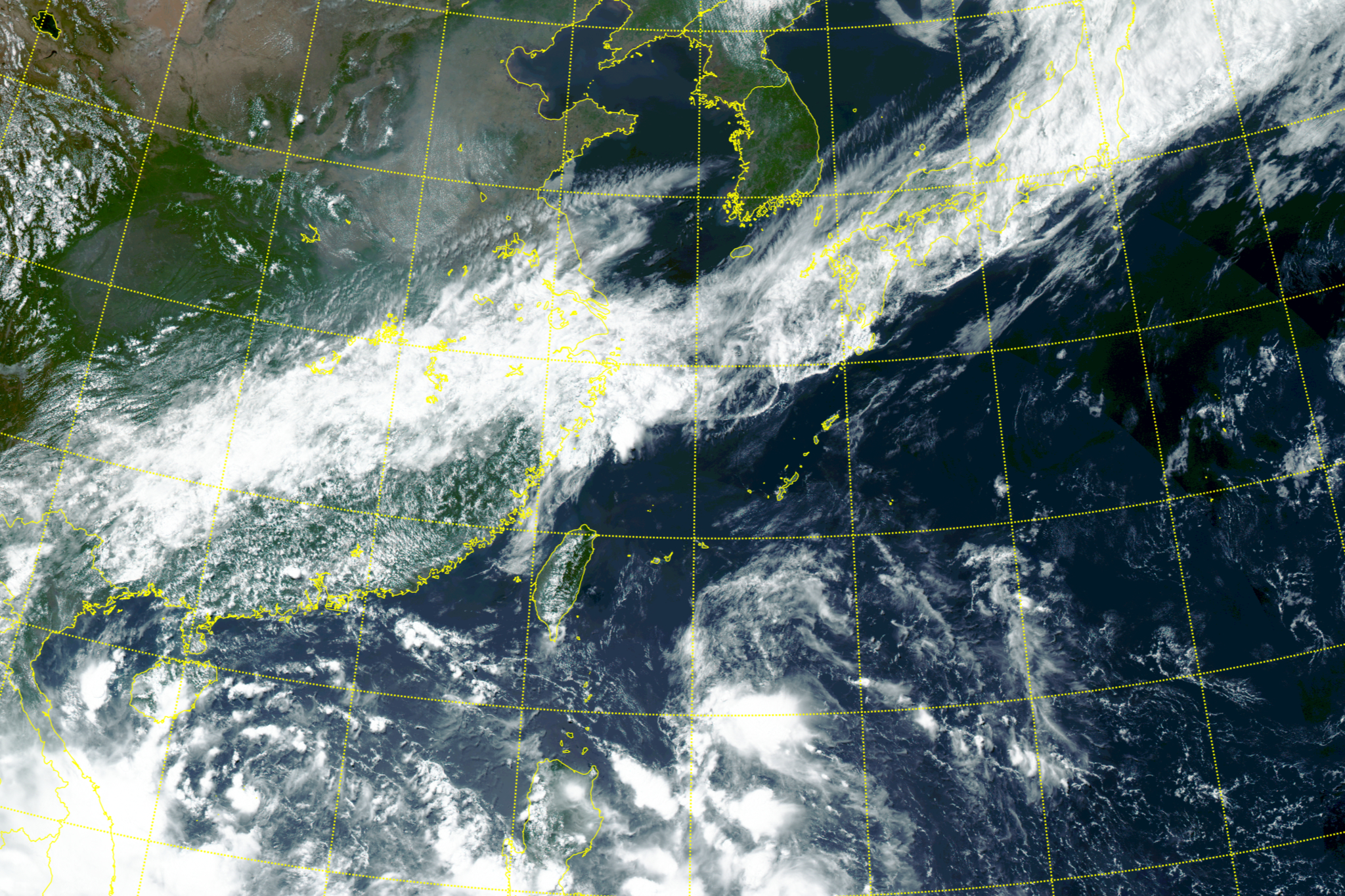 A Cheollian weather satellite image taken by the Korea Meteorological Administration on June 12 shows a long band of clouds forming a stationary front south of the Korean Peninsula. Fragments of cloud systems that failed to develop into a typhoon are visible east of the Philippines. [KOREA METEOROLOGICAL ADMINISTRATION]