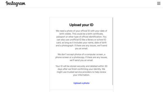 A screenshot of Instagram asking for ID [SCREEN CAPTURE]