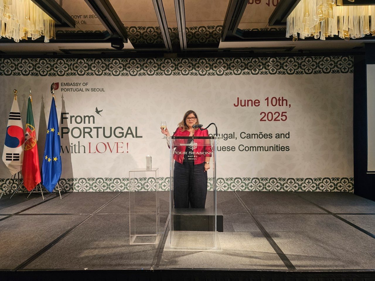 Portuguese Ambassador to Korea Susana Vaz Patto delivers welcome remarks during the National Day of Portugal reception at the Four Seasons Hotel in central Seoul on June 10. [EMBASSY OF PORTUGAL IN KOREA]