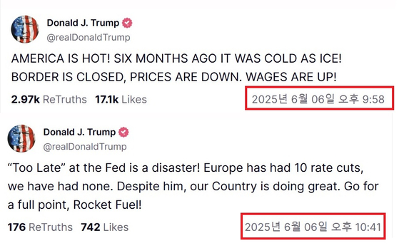 U.S. President Trump's social media on June 6, before and after his call with Korean President Lee Jae-myung, show him urging Fed rate cuts and touting tariff-driven job gains. The call's details, however, are not posted. [SCREEN CAPTURE]