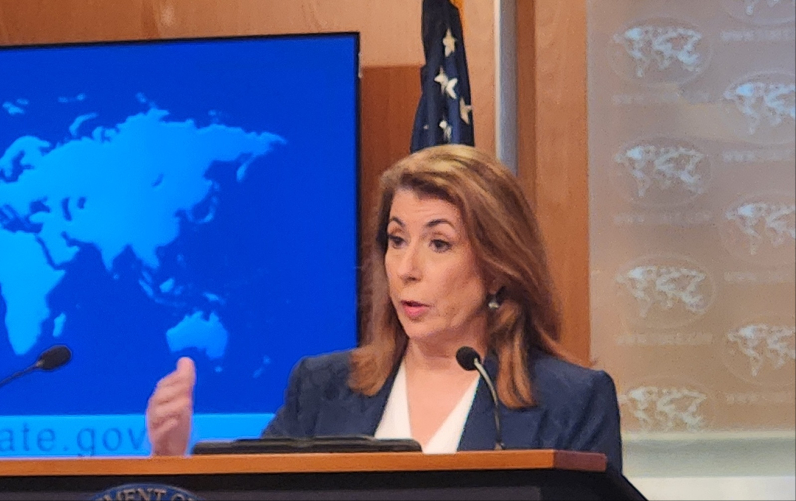 State Department spokesperson Tammy Bruce speaks during a press briefing at the department in Washington on June 10. [YONHAP]