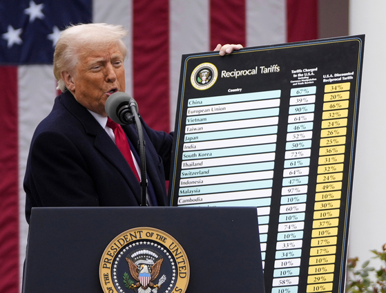 President Donald Trump announces reciprocal tariffs in the Rose Garden at the White House in Washington on April 2. [AP/YONHAP]