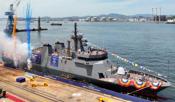 This photo provided by HD Hyundai Heavy Industries shows the Rajah Sulayman, a 2,400-ton offshore patrol vessel commissioned by the Philippine Navy, at a launch ceremony at the company's headquarters in Korea's southeastern city of Ulsan on June 11. [YONHAP]