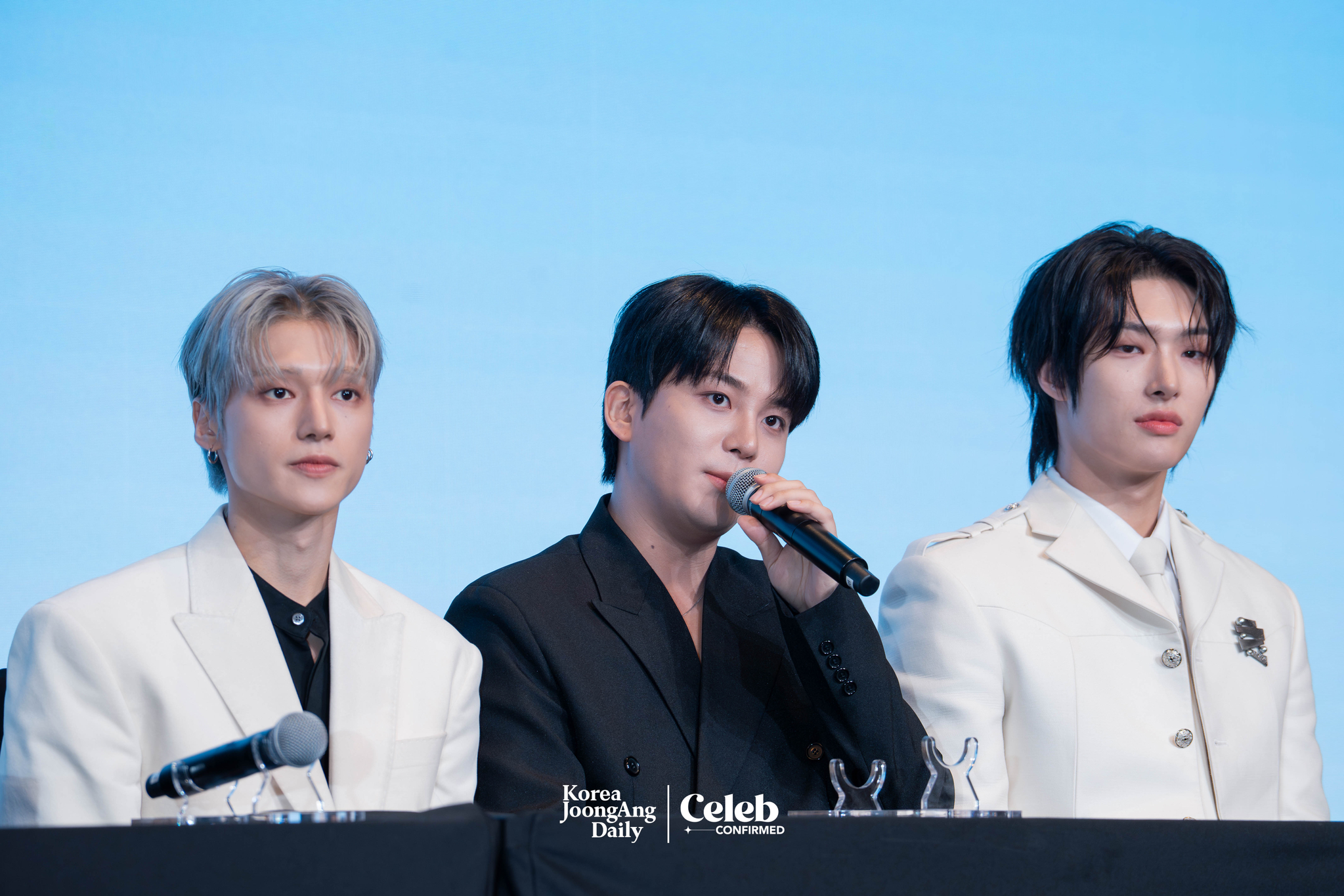 Boy band Ateez answers questions during a  news conference for the release of its 12th EP, “Golden Hour: Part.3,” at Hotel Naru Seoul MGallery Ambassador in western Seoul. [DANIELA GONZALEZ PEREZ]