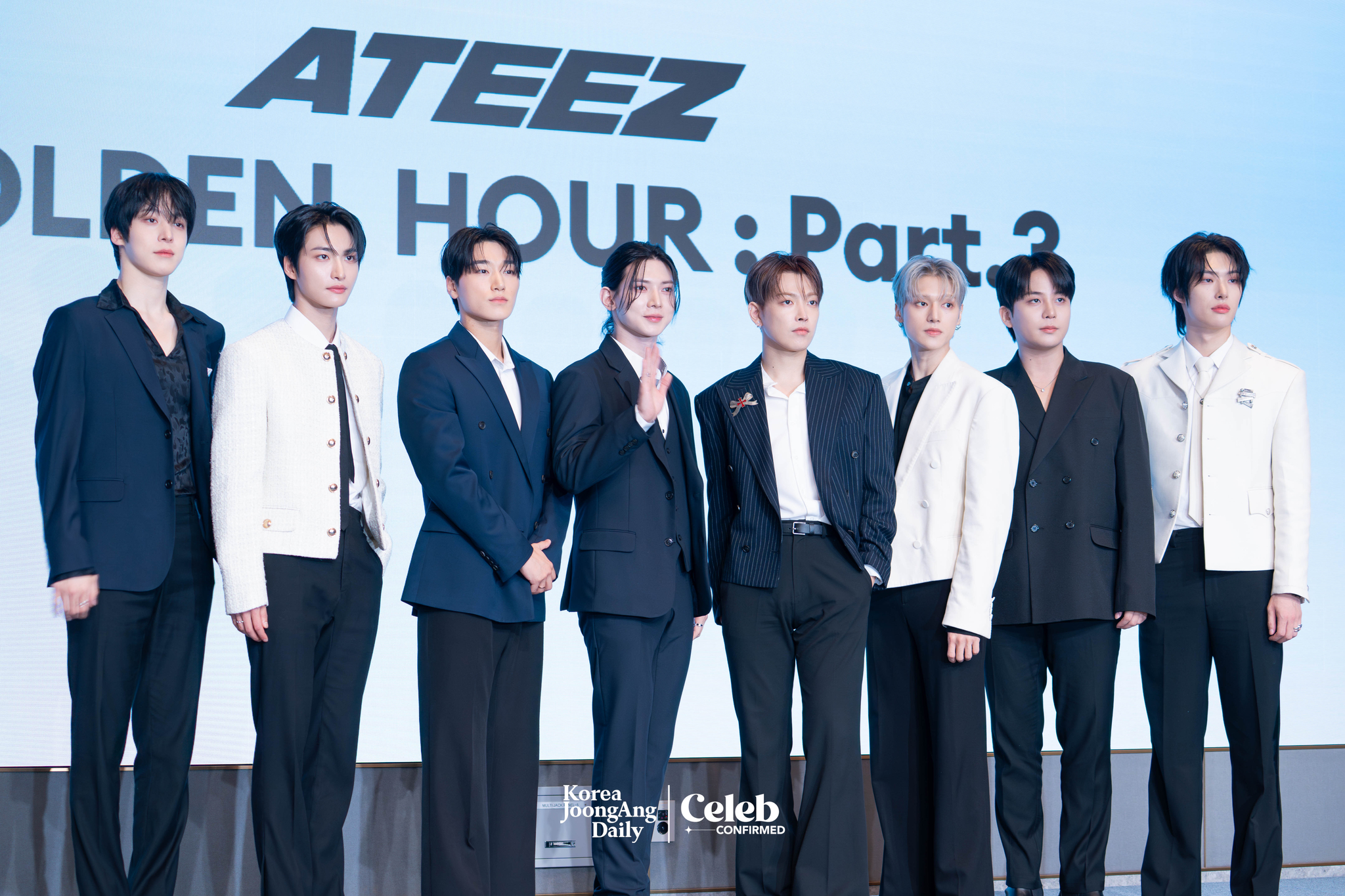 Boy band Ateez poses for photos during a news conference for the release of its 12th EP, “Golden Hour: Part.3,” at Hotel Naru Seoul MGallery Ambassador in western Seoul. [DANIELA GONZALEZ PEREZ]