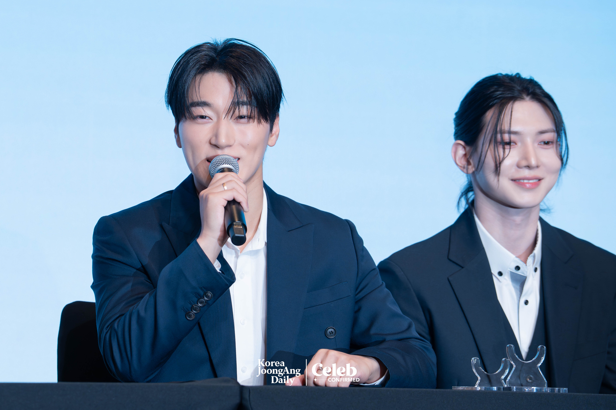Boy band Ateez answers questions during a  news conference for the release of its 12th EP, “Golden Hour: Part.3,” at Hotel Naru Seoul MGallery Ambassador in western Seoul. [DANIELA GONZALEZ PEREZ]