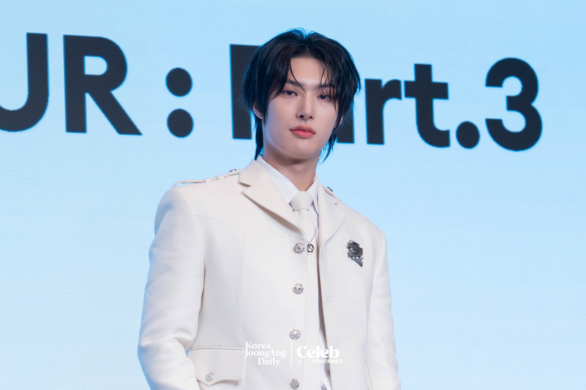 Ateez’s Mingi poses for photos during a news conference for the release of its 12th EP, “Golden Hour: Part.3,” at Hotel Naru Seoul MGallery Ambassador in western Seoul. [DANIELA GONZALEZ PEREZ]
