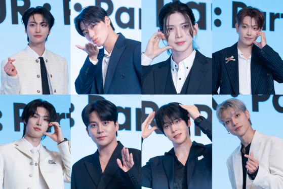 Boy band Ateez poses for photos during a news conference for the release of its 12th EP, “Golden Hour: Part.3,” at Hotel Naru Seoul MGallery Ambassador in western Seoul. [DANIELA GONZALEZ PEREZ]