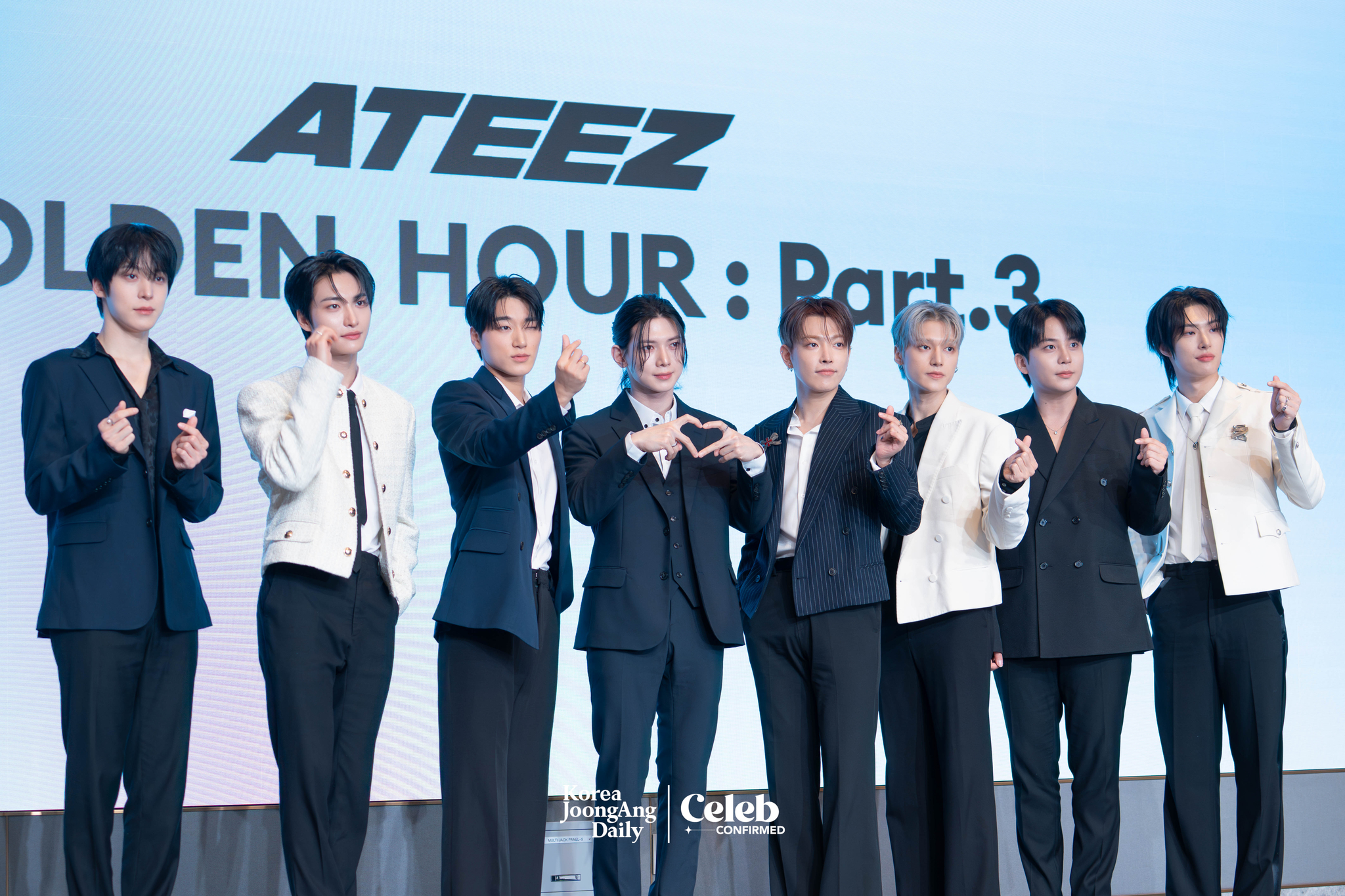 Boy band Ateez poses for photos during a news conference for the release of its 12th EP, “Golden Hour: Part.3,” at Hotel Naru Seoul MGallery Ambassador in western Seoul. [DANIELA GONZALEZ PEREZ]