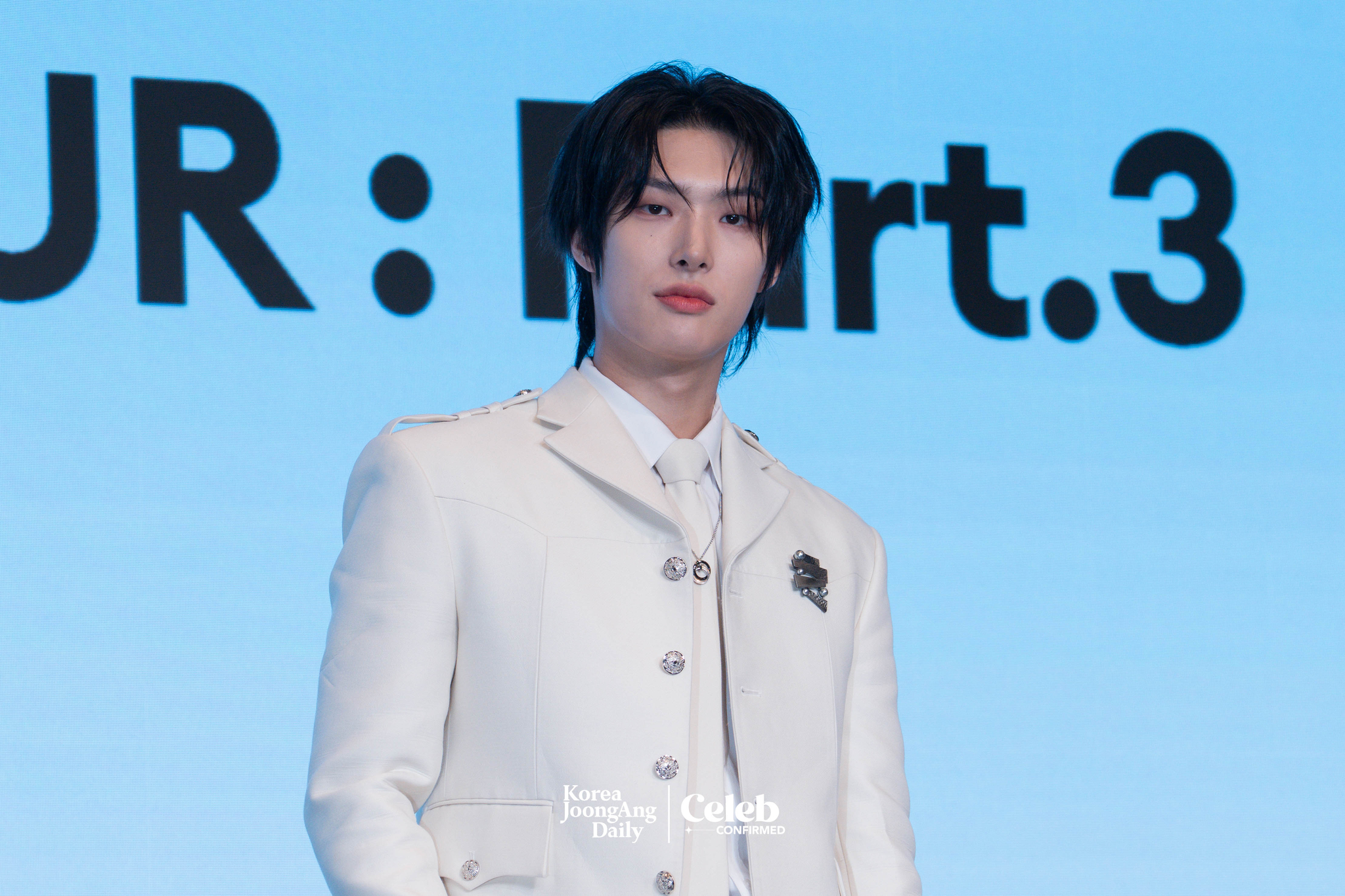 Ateez’s Mingi poses for photos during a news conference for the release of its 12th EP, “Golden Hour: Part.3,” at Hotel Naru Seoul MGallery Ambassador in western Seoul. [DANIELA GONZALEZ PEREZ]